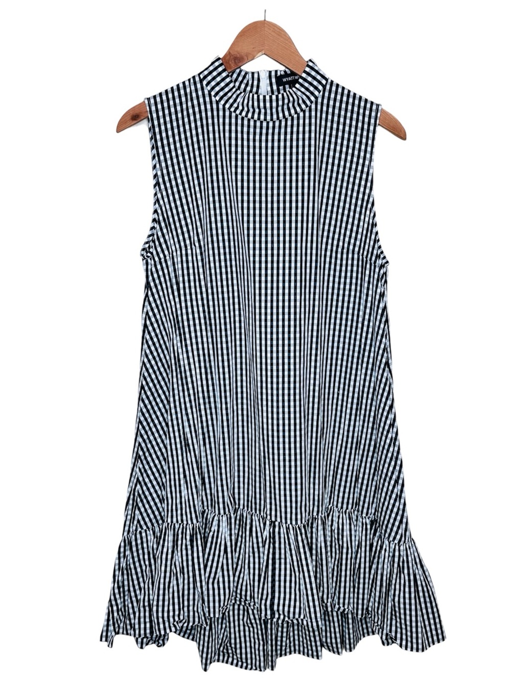 Wyatt Wylde Gingham Ida Dress Large Black White High-Low Ruffle Hem Sleeveless - Picture 2 of 14